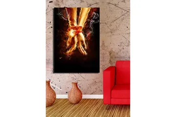 Canvastavla 70x100 cm - Två händer som är sammanbundna med ett rött band, omgivna av eld och rök - Orange / Röd / Beige - Inredning - Tavlor & posters - Canvastavla