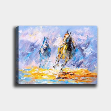 Canvastavla 70x100 cm - Två hästar som galopperar framåt i en dynamisk och färgstark komposition - Blå / Gul / Orange - Inredning - Tavlor & posters - Canvastavla