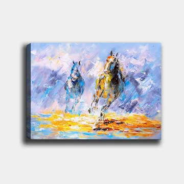 Canvastavla 70x100 cm - Två hästar som galopperar framåt i en dynamisk och färgstark komposition - Blå / Gul / Orange - Inredning - Tavlor & posters - Canvastavla
