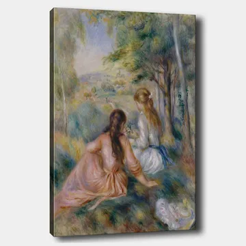 Canvastavla 70x100 cm - Två kvinnor som sitter i en grönskande miljö och plockar blommor - Rosa / Vit / Grön - Inredning - Tavlor & posters - Canvastavla