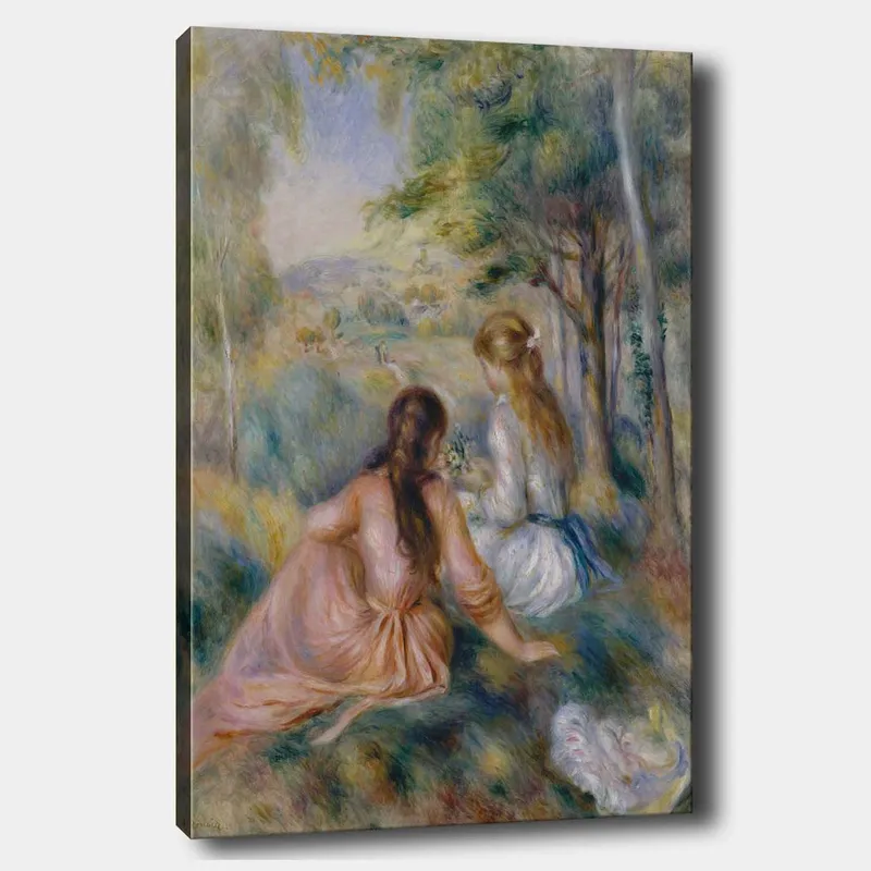 Canvastavla 70x100 cm - Två kvinnor som sitter i en grönskande miljö och plockar blommor, Rosa / Vit / Grön