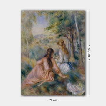 Canvastavla 70x100 cm - Två kvinnor som sitter i en grönskande miljö och plockar blommor - Rosa / Vit / Grön - Inredning - Tavlor & posters - Canvastavla