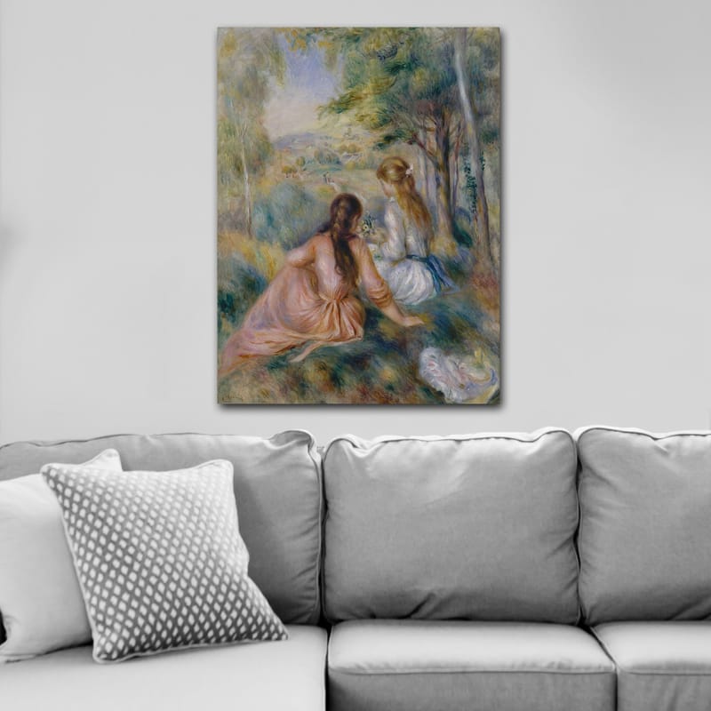 Canvastavla 70x100 cm - Två kvinnor som sitter i en grönskande miljö och plockar blommor - Rosa / Vit / Grön - Inredning - Tavlor & posters - Canvastavla