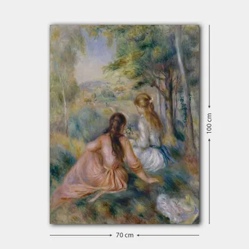 Canvastavla 70x100 cm - Två kvinnor som sitter i en grönskande miljö och plockar blommor - Rosa / Vit / Grön - Inredning - Tavlor & posters - Canvastavla