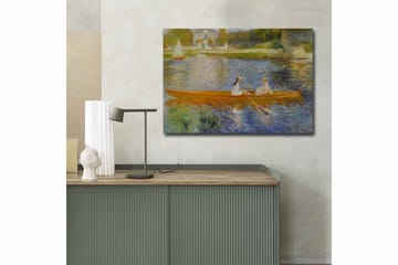 Canvastavla 70x100 cm - Två kvinnor som paddlar i en båt på en spegelblanka sjö - Orange / Blå / Grön - Inredning - Tavlor & posters - Canvastavla