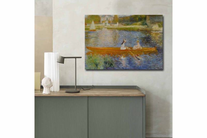 Canvastavla 70x100 cm - Två kvinnor som paddlar i en båt på en spegelblanka sjö - Orange / Blå / Grön - Inredning - Tavlor & posters - Canvastavla