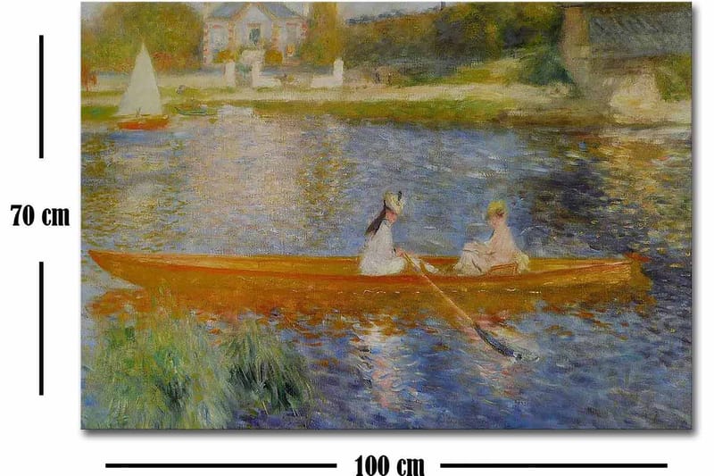 Canvastavla 70x100 cm - Två kvinnor som paddlar i en båt på en spegelblanka sjö - Orange / Blå / Grön - Inredning - Tavlor & posters - Canvastavla