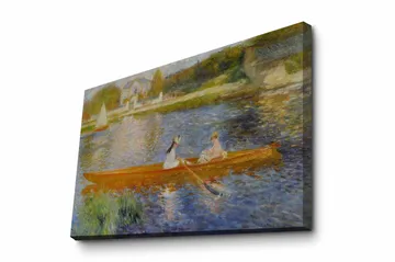 Canvastavla 70x100 cm - Två kvinnor som paddlar i en båt på en spegelblanka sjö - Orange / Blå / Grön - Inredning - Tavlor & posters - Canvastavla