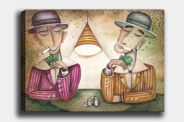 Canvastavla 70x100 cm - Två män som spelar kort under en lampa, med cigaretter i munnen och en koncentrerad min - Lila / Grön / Beige - Inredning - Tavlor & posters - Canvastavla