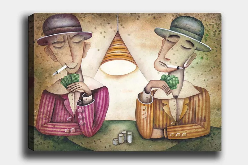 Canvastavla 70x100 cm - Två män som spelar kort under en lampa, med cigaretter i munnen och en koncentrerad min, Lila / Grön / Beige