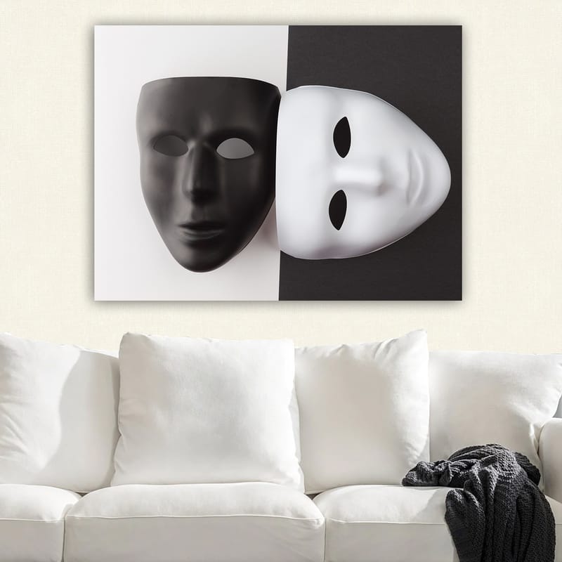 Canvastavla 70x100 cm - Två masker, en svart och en vit, som symboliserar kontrasterande känslor eller identiteter, Svart / Vit