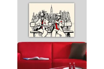 Canvastavla 70x100 cm - Två musiker på en bänk med New York som siluett - Beige / Svart / Röd - Inredning - Tavlor & posters - Canvastavla