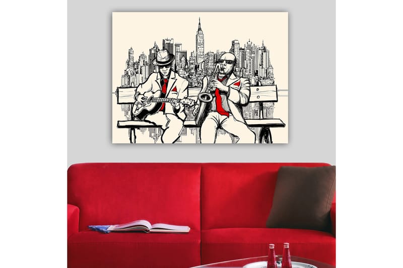 Canvastavla 70x100 cm - Två musiker på en bänk med New York som siluett - Beige / Svart / Röd - Inredning - Tavlor & posters - Canvastavla