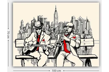 Canvastavla 70x100 cm - Två musiker på en bänk med New York som siluett - Beige / Svart / Röd - Inredning - Tavlor & posters - Canvastavla