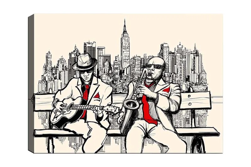 Canvastavla 70x100 cm - Två musiker på en bänk med New York som siluett, Beige / Svart / Röd