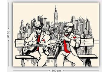 Canvastavla 70x100 cm - Två musiker på en bänk med New York som siluett - Beige / Svart / Röd - Inredning - Tavlor & posters - Canvastavla