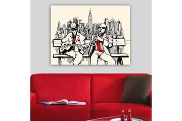 Canvastavla 70x100 cm - Två musiker på en bänk med New York som siluett - Beige / Svart / Röd - Inredning - Tavlor & posters - Canvastavla