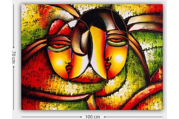 Canvastavla 70x100 cm - Två stiliserade ansikten som uttrycker närhet och samhörighet - Röd / Grön / Gul - Inredning - Tavlor & posters - Canvastavla