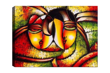 Canvastavla 70x100 cm - Två stiliserade ansikten som uttrycker närhet och samhörighet - Röd / Grön / Gul - Inredning - Tavlor & posters - Canvastavla