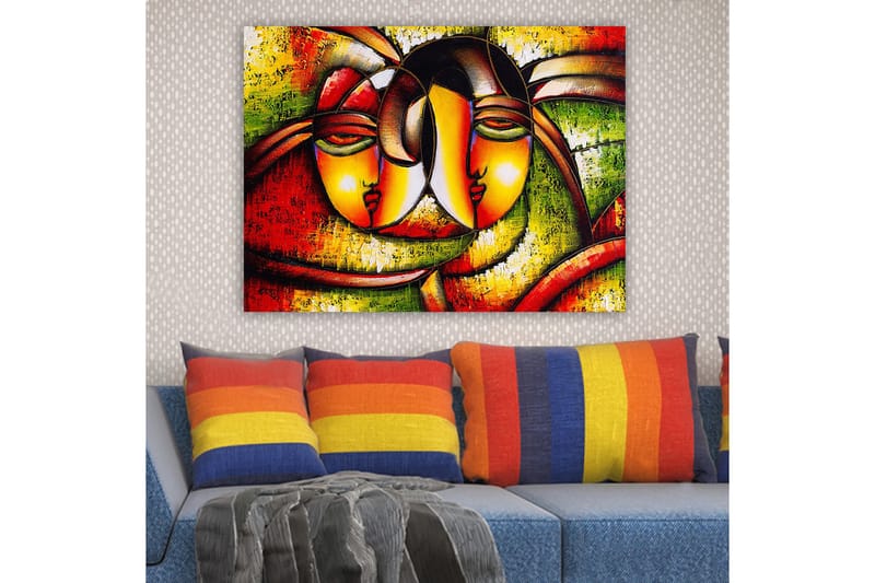 Canvastavla 70x100 cm - Två stiliserade ansikten som uttrycker närhet och samhörighet - Röd / Grön / Gul - Inredning - Tavlor & posters - Canvastavla
