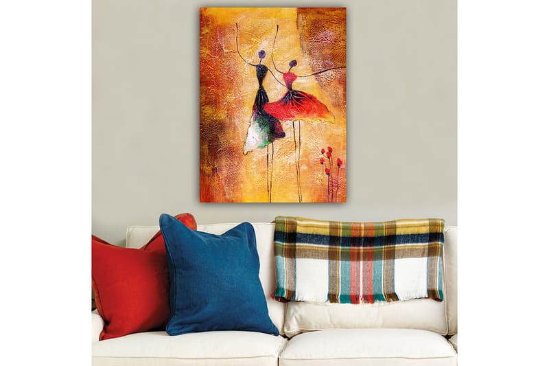 Canvastavla 70x100 cm - Två stiliserade dansare i färgglada klänningar som uttrycker rörelse och glädje - Röd / Svart / Orange - Inredning - Tavlor & posters - Canvastavla