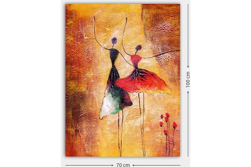 Canvastavla 70x100 cm - Två stiliserade dansare i färgglada klänningar som uttrycker rörelse och glädje - Röd / Svart / Orange - Inredning - Tavlor & posters - Canvastavla