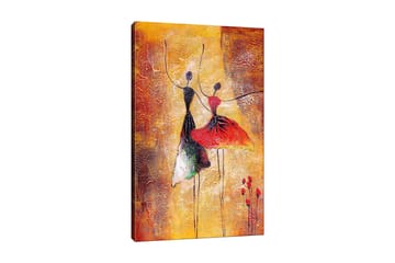 Canvastavla 70x100 cm - Två stiliserade dansare i färgglada klänningar som uttrycker rörelse och glädje - Röd / Svart / Orange - Inredning - Tavlor & posters - Canvastavla