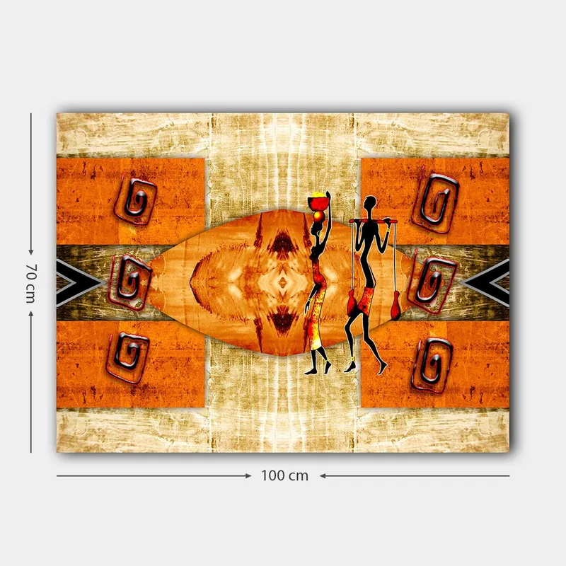 Canvastavla 70x100 cm - Två stiliserade figurer som bär kärl, omgivna av abstrakta mönster i varma färger - Orange / Röd / Svart - Inredning - Tavlor & posters - Canvastavla