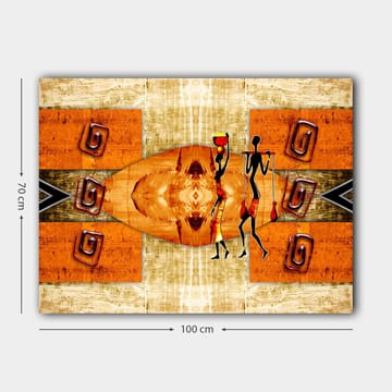 Canvastavla 70x100 cm - Två stiliserade figurer som bär kärl, omgivna av abstrakta mönster i varma färger - Orange / Röd / Svart - Inredning - Tavlor & posters - Canvastavla