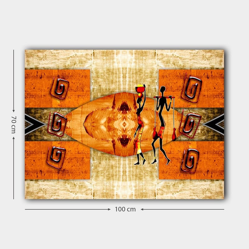 Canvastavla 70x100 cm - Två stiliserade figurer som bär kärl, omgivna av abstrakta mönster i varma färger - Orange / Röd / Svart - Inredning - Tavlor & posters - Canvastavla