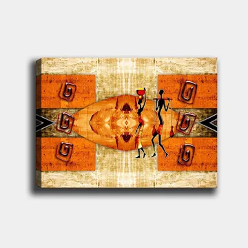 Canvastavla 70x100 cm - Två stiliserade figurer som bär kärl, omgivna av abstrakta mönster i varma färger - Orange / Röd / Svart - Inredning - Tavlor & posters - Canvastavla