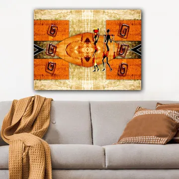 Canvastavla 70x100 cm - Två stiliserade figurer som bär kärl, omgivna av abstrakta mönster i varma färger - Orange / Röd / Svart - Inredning - Tavlor & posters - Canvastavla