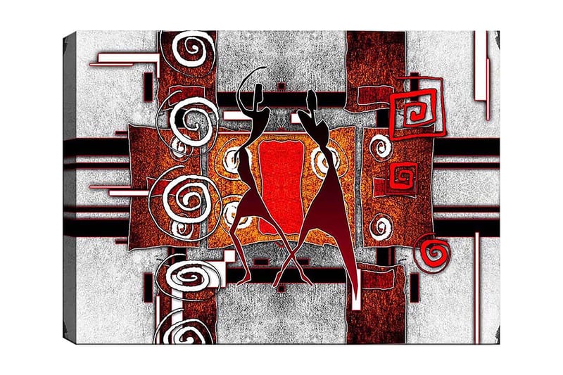 Canvastavla 70x100 cm - Två stiliserade figurer som dansar i en abstrakt komposition med spiraler och geometriska former - Röd / Brunt / Svart - Inredning - Tavlor & posters - Canvastavla
