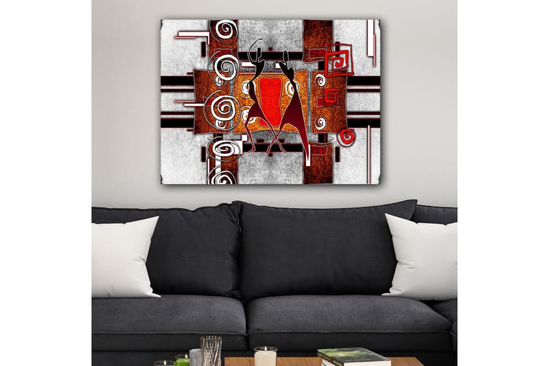Canvastavla 70x100 cm - Två stiliserade figurer som dansar i en abstrakt komposition med spiraler och geometriska former - Röd / Brunt / Svart - Inredning - Tavlor & posters - Canvastavla