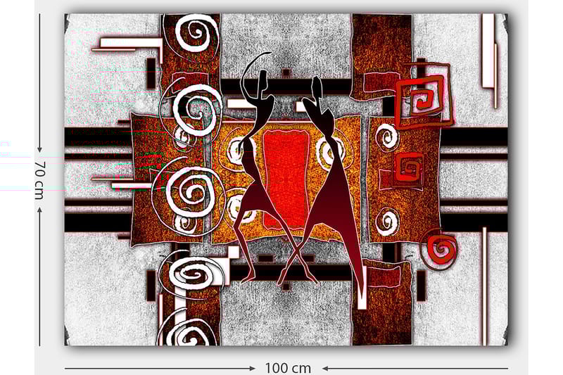 Canvastavla 70x100 cm - Två stiliserade figurer som dansar i en abstrakt komposition med spiraler och geometriska former - Röd / Brunt / Svart - Inredning - Tavlor & posters - Canvastavla