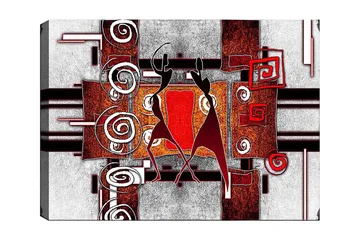 Canvastavla 70x100 cm - Två stiliserade figurer som dansar i en abstrakt komposition med spiraler och geometriska former - Röd / Brunt / Svart - Inredning - Tavlor & posters - Canvastavla