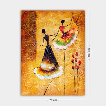 Canvastavla 70x100 cm - Två stiliserade kvinnor i färgglada klänningar som dansar tillsammans - Guld / Svart / Röd - Inredning - Tavlor & posters - Canvastavla