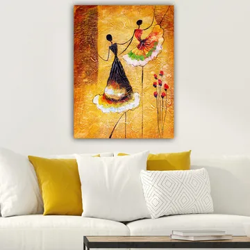 Canvastavla 70x100 cm - Två stiliserade kvinnor i färgglada klänningar som dansar tillsammans - Guld / Svart / Röd - Inredning - Tavlor & posters - Canvastavla