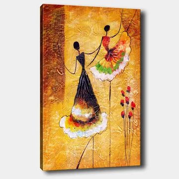 Canvastavla 70x100 cm - Två stiliserade kvinnor i färgglada klänningar som dansar tillsammans - Guld / Svart / Röd - Inredning - Tavlor & posters - Canvastavla