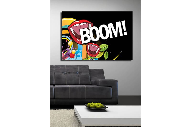 Canvastavla 70x100 cm - Två stora, öppna munnar med röda läppar som skriker BOOM! i en färgglad och livlig komposition - Röd / Grön / Blå - Inredning - Tavlor & posters - Canvastavla
