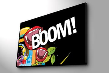 Canvastavla 70x100 cm - Två stora, öppna munnar med röda läppar som skriker BOOM! i en färgglad och livlig komposition - Röd / Grön / Blå - Inredning - Tavlor & posters - Canvastavla