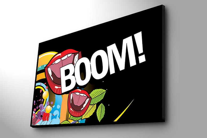 Canvastavla 70x100 cm - Två stora, öppna munnar med röda läppar som skriker BOOM! i en färgglad och livlig komposition - Röd / Grön / Blå - Inredning - Tavlor & posters - Canvastavla
