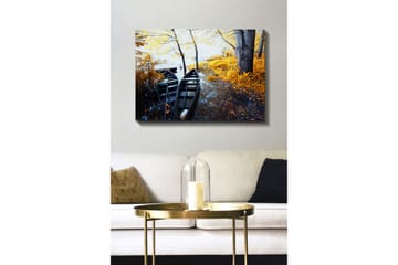 Canvastavla 70x100 cm - Två svarta båtar vid en gyllene höstlandskap med träd och spegelbild i vattnet - Svart / Gyllene / Blå - Inredning - Tavlor & posters - Canvastavla