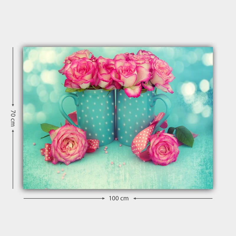 Canvastavla 70x100 cm - Två turkosa muggar fyllda med rosa rosor - Turkos / Rosa - Inredning - Tavlor & posters - Canvastavla