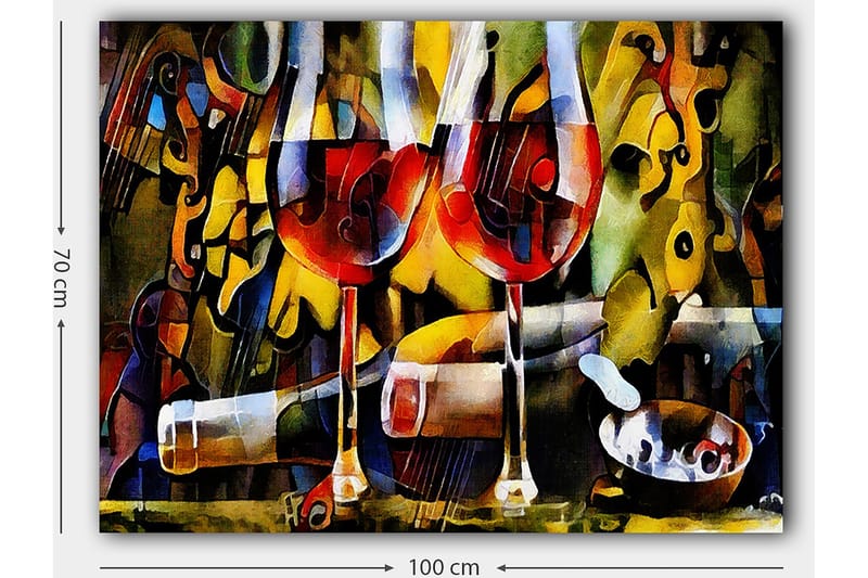 Canvastavla 70x100 cm - Två vinglas med röd vätska omgivna av abstrakta musikaliska och färgglada element - Röd / Gul / Grön - Inredning - Tavlor & posters - Canvastavla