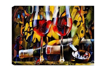 Canvastavla 70x100 cm - Två vinglas med röd vätska omgivna av abstrakta musikaliska och färgglada element - Röd / Gul / Grön - Inredning - Tavlor & posters - Canvastavla