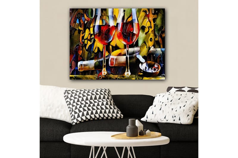 Canvastavla 70x100 cm - Två vinglas med röd vätska omgivna av abstrakta musikaliska och färgglada element - Röd / Gul / Grön - Inredning - Tavlor & posters - Canvastavla