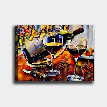 Canvastavla 70x100 cm - Två vinglas med rödvin och en flaska vin, omgivna av musikaliska inslag - Röd / Gul / Blå - Inredning - Tavlor & posters - Canvastavla