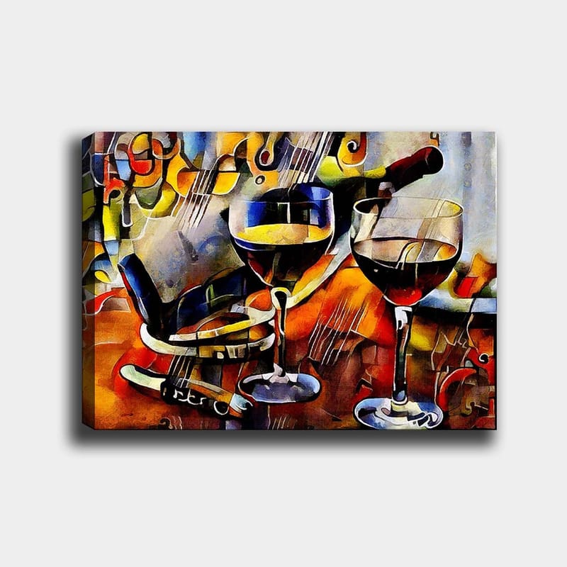 Canvastavla 70x100 cm - Två vinglas med rödvin och en flaska vin, omgivna av musikaliska inslag - Röd / Gul / Blå - Inredning - Tavlor & posters - Canvastavla