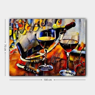 Canvastavla 70x100 cm - Två vinglas med rödvin och en flaska vin, omgivna av musikaliska inslag - Röd / Gul / Blå - Inredning - Tavlor & posters - Canvastavla